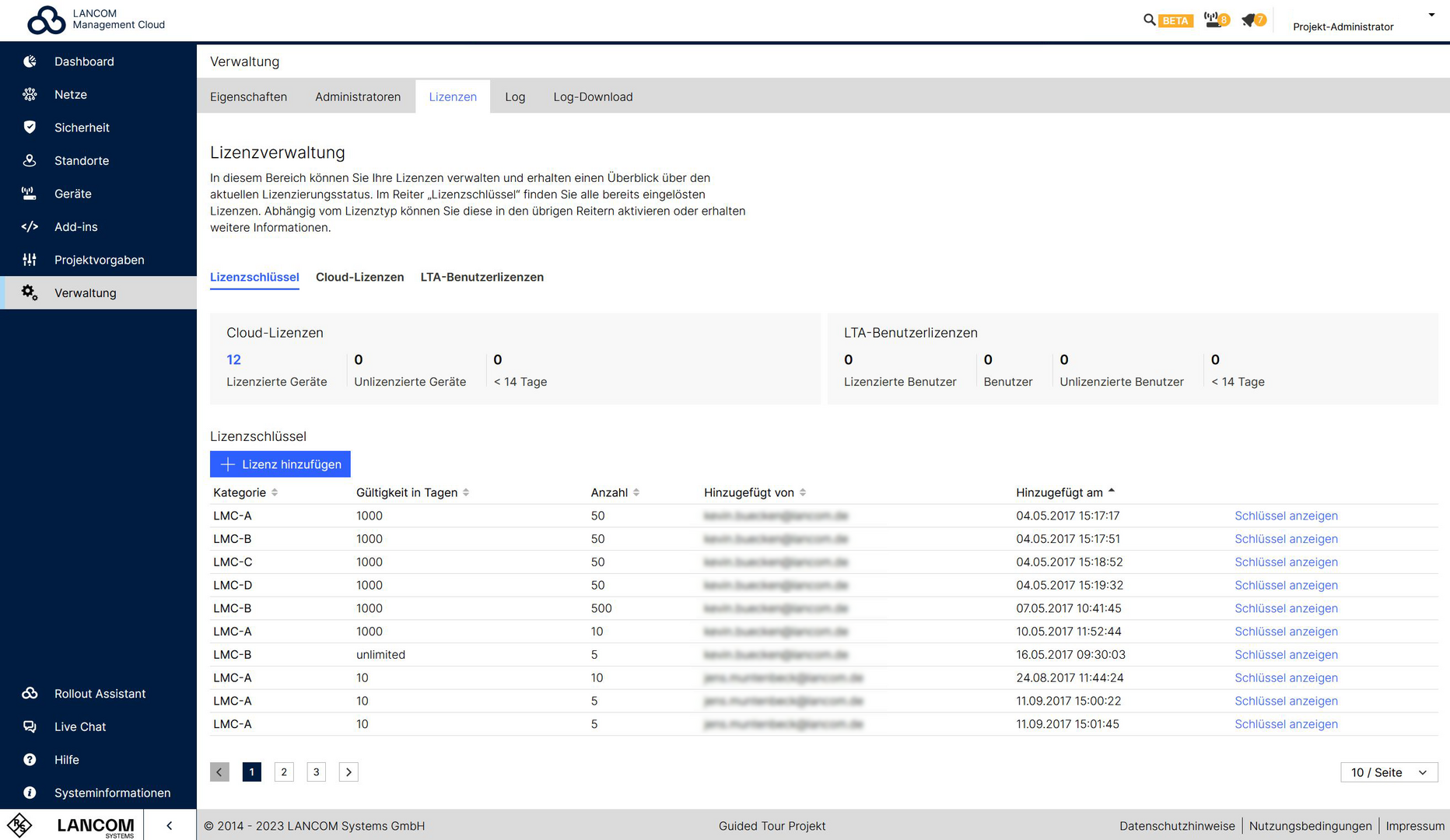 Screenshot: Lizenzverwaltung in der LMC