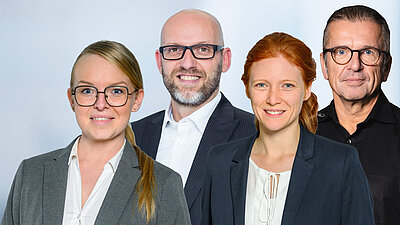 Das LANCOM International Team: Alexandra Acova (v.l), Nick Pelckmans, Jessica Strobl & Lutz Linzenmeier. 