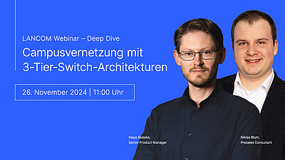 Banner zum Webinar "Campusvernetzung mit 3-Tier-Switch-Architekturen"