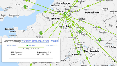 Screenshot: Karte mit VPN-Netz und Informationen zur Verbindungsqualität
