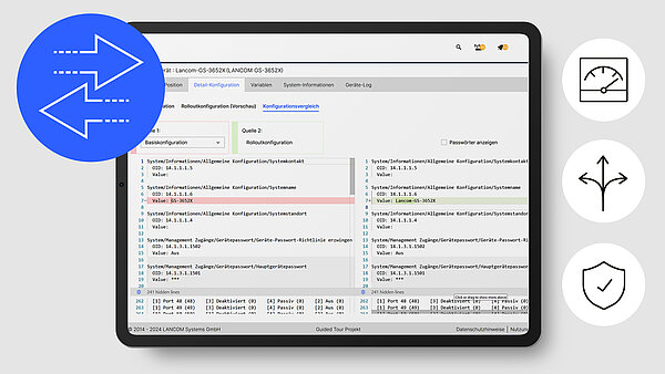 Screenshot der LANCOM Management Cloud mit den Einstellungsmöglichkeiten beim Konfigurationsvergleich sowie 4 Icons für Komfort, Flexibilität und Sicherheit