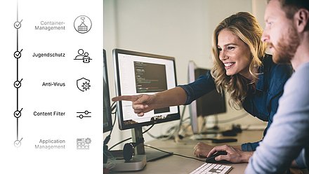 Firewall Features für Unified Firewalls Frau zeigt auf Icons, die Sicherheitsmerkmale des Betriebssystems der Unified Firewalls zeigen