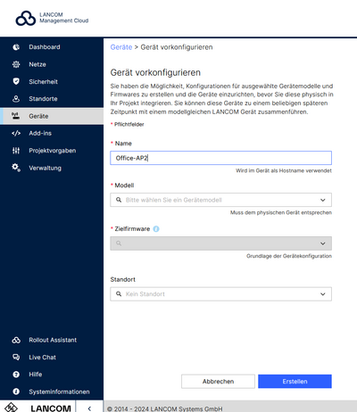 Screenshot: Geräte in der LMC vorkonfigurieren