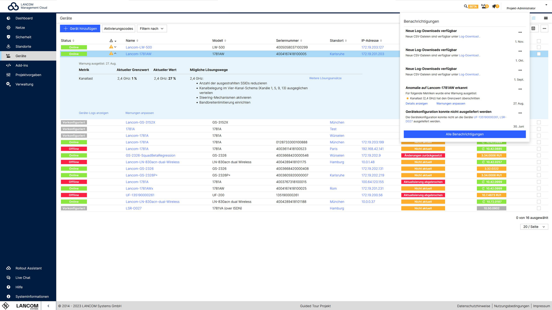 Screenshot: Troubleshooting durch Benachrichtigungen in der LMC